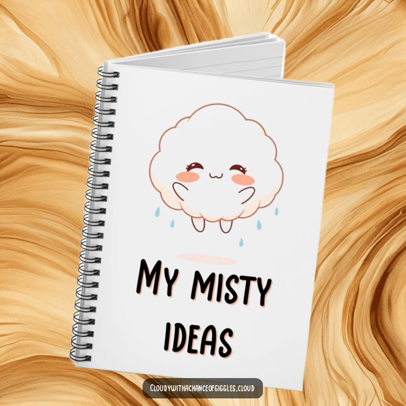 Funny fluffy white cloud with rosy cheeks, joyfully jumping and raining, on a notebook, for jotting down happy thoughts.