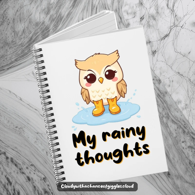 Funny notebook featuring an owl in rain boots splashing in a cloud puddle, inspiring creative writing and journaling.