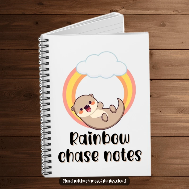 Funny notebook featuring a happy otter sliding down a rainbow from a cloud, encouraging joyful writing and creative expression.