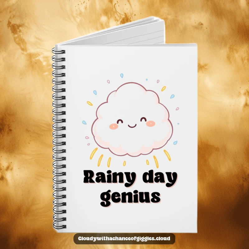 Funny fluffy cloud sprinkling tiny raindrops that form little rainbows, a cheerful and humorous notebook cover designed to inspire bright ideas.