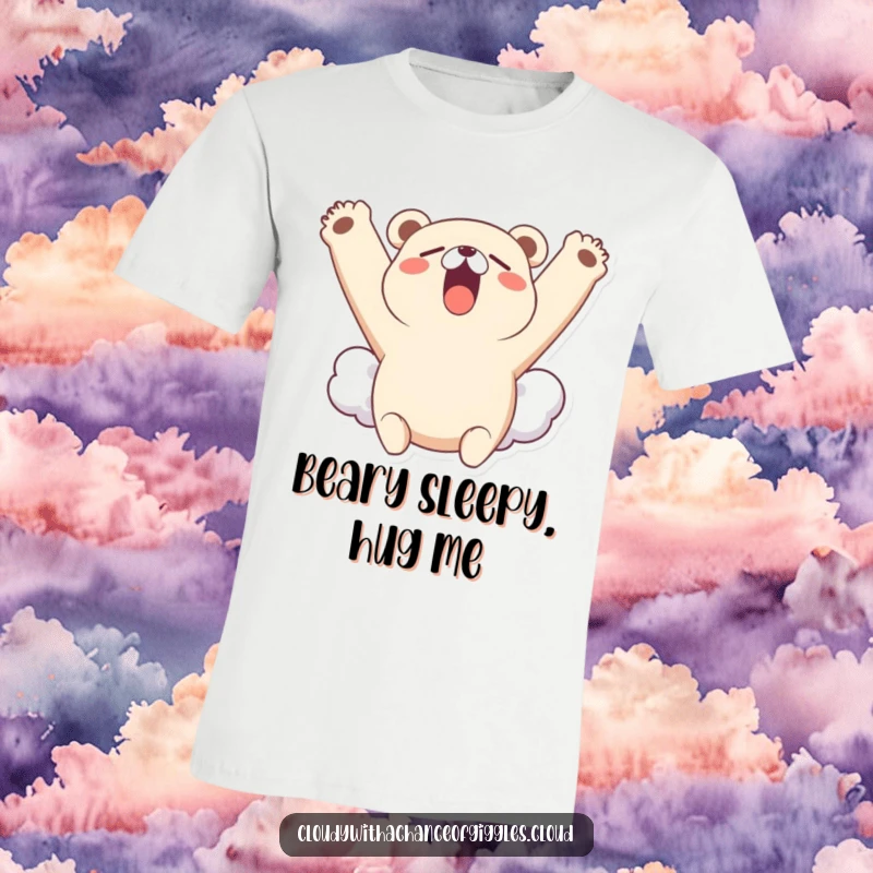 Funny t-shirt depicting a small bear cloud character yawning widely, stretching its fluffy cloud arms upwards in a gesture of sleepiness.