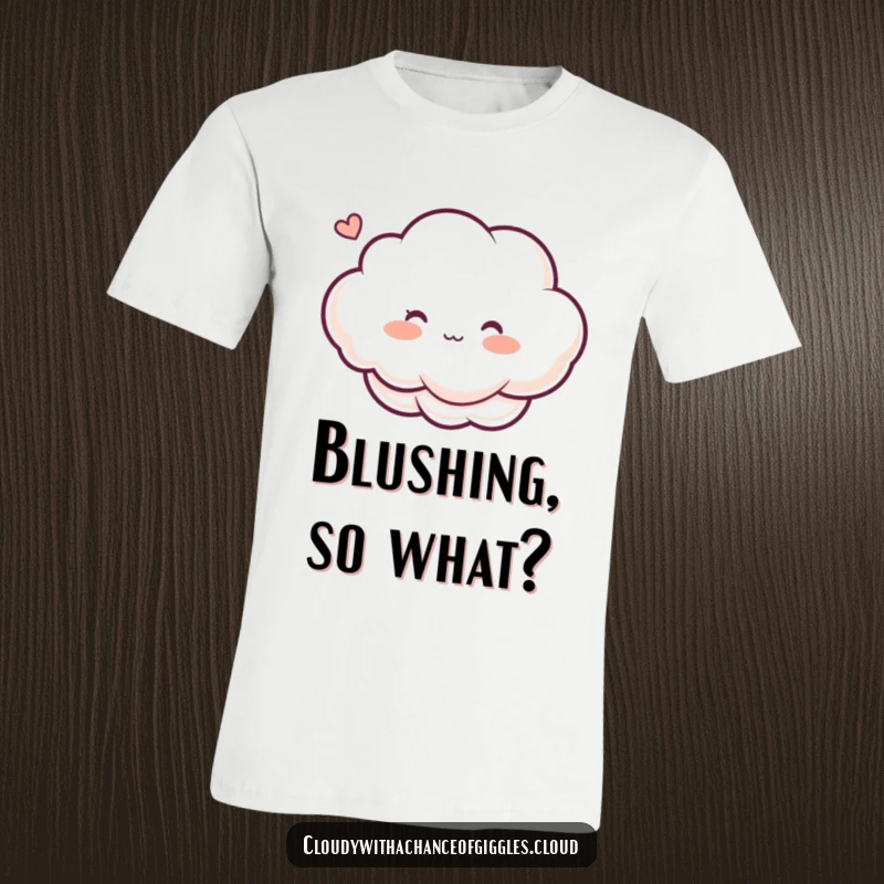 Funny t-shirt with a blushing cloud character, rosy cheeks puffed from a ticklish breeze, radiating gentle and humorous charm.