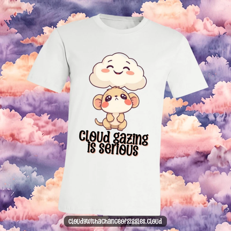 Funny T-Shirt depicting a curious creature gazing skyward at a cloud humorously resembling a funny face.