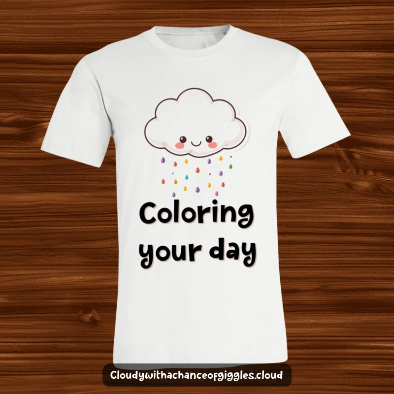 Funny cloud t-shirt, a small happy cloud raining tiny colorful raindrops, symbolizing joy and vibrant positivity.