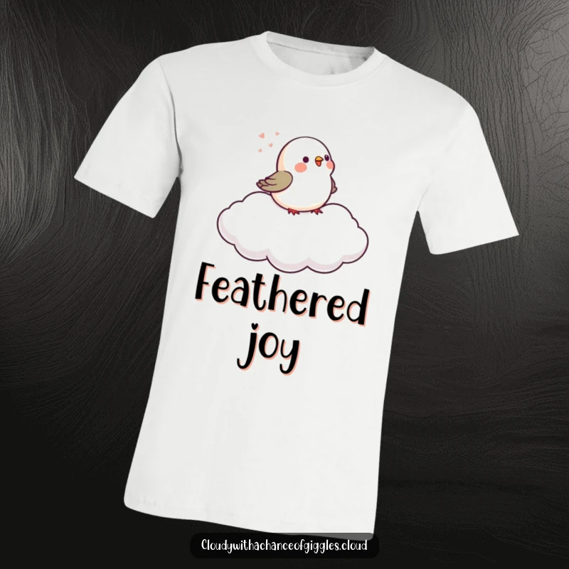 A funny, tiny bird sings its heart out on a softly drifting cloud, illustrated on this amusing t-shirt.