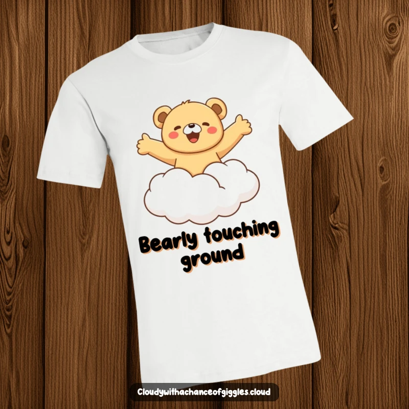 Funny bear cub joyfully riding a fluffy cloud with arms outstretched, conveying a sense of freedom and exhilarating delight, a humorous woodland creature design.