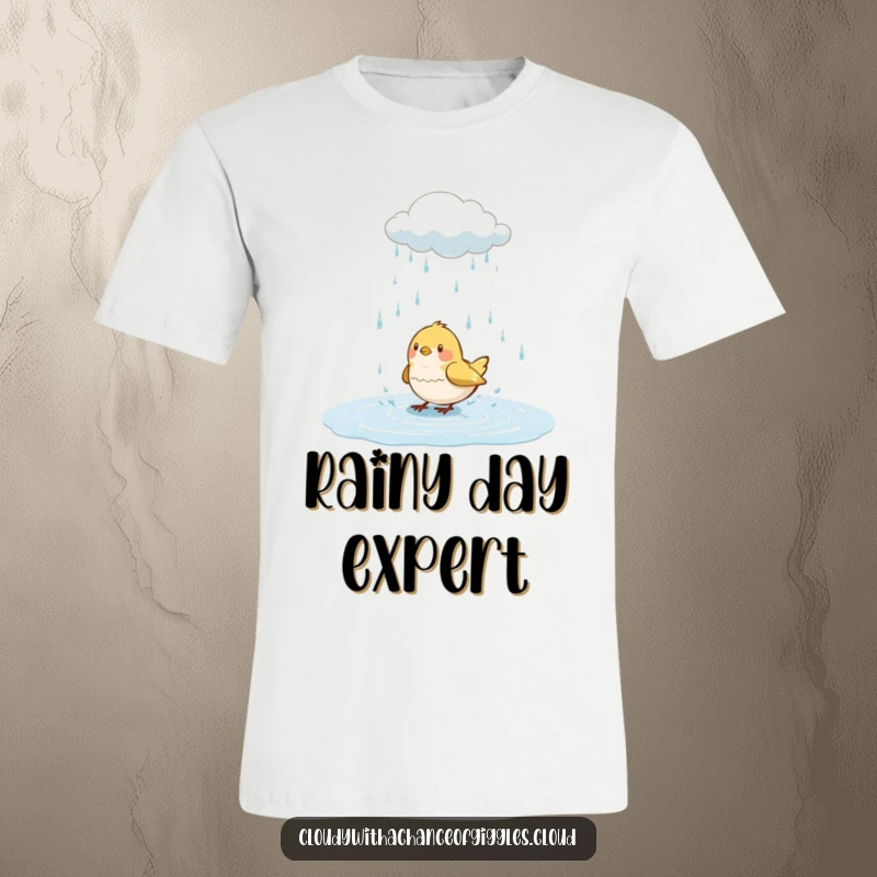 Funny bird t-shirt, a cute bird gleefully splashing in a puddle under a friendly rain cloud, expressing pure joy.