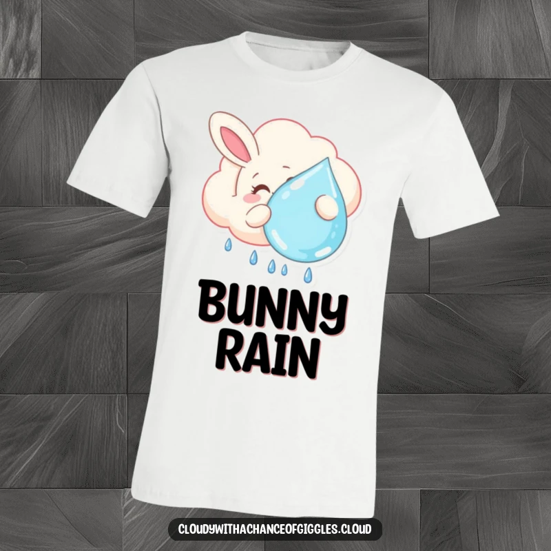 Funny t-shirt with a smiling bunny-shaped cloud floating lazily, holding a large raindrop, ideal for lovers of whimsical weather and adorable animal designs.