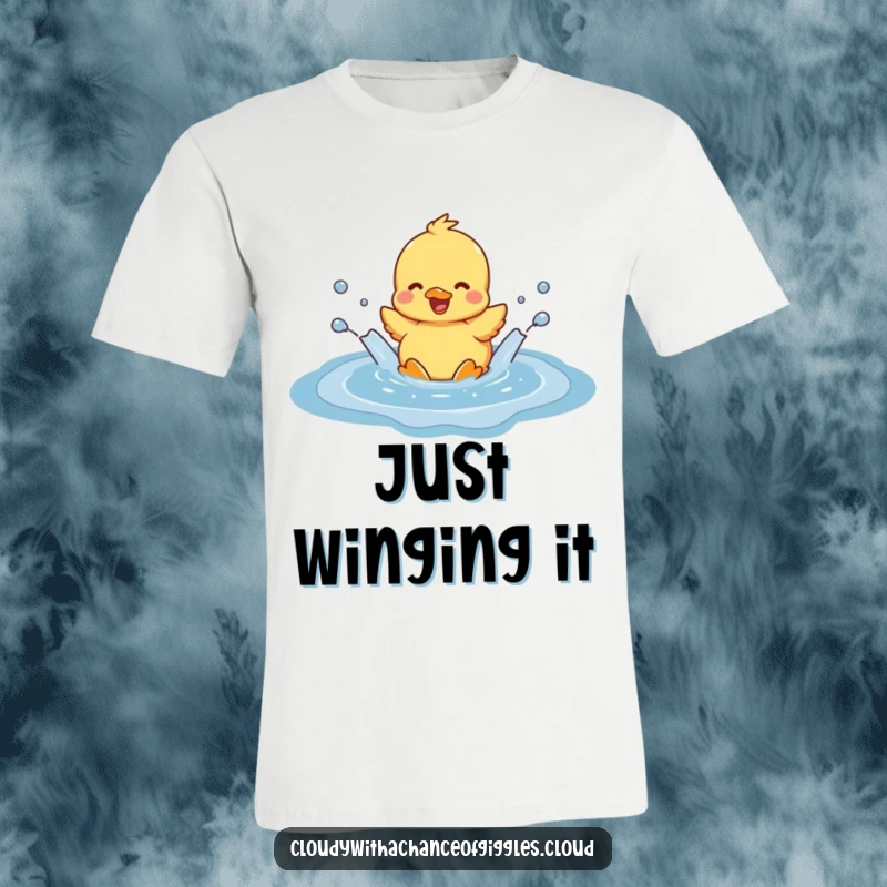 Funny duckling cheerfully splashing in a whimsical cloud puddle, embodying pure joy and playful innocence, making it a delightful graphic tee.