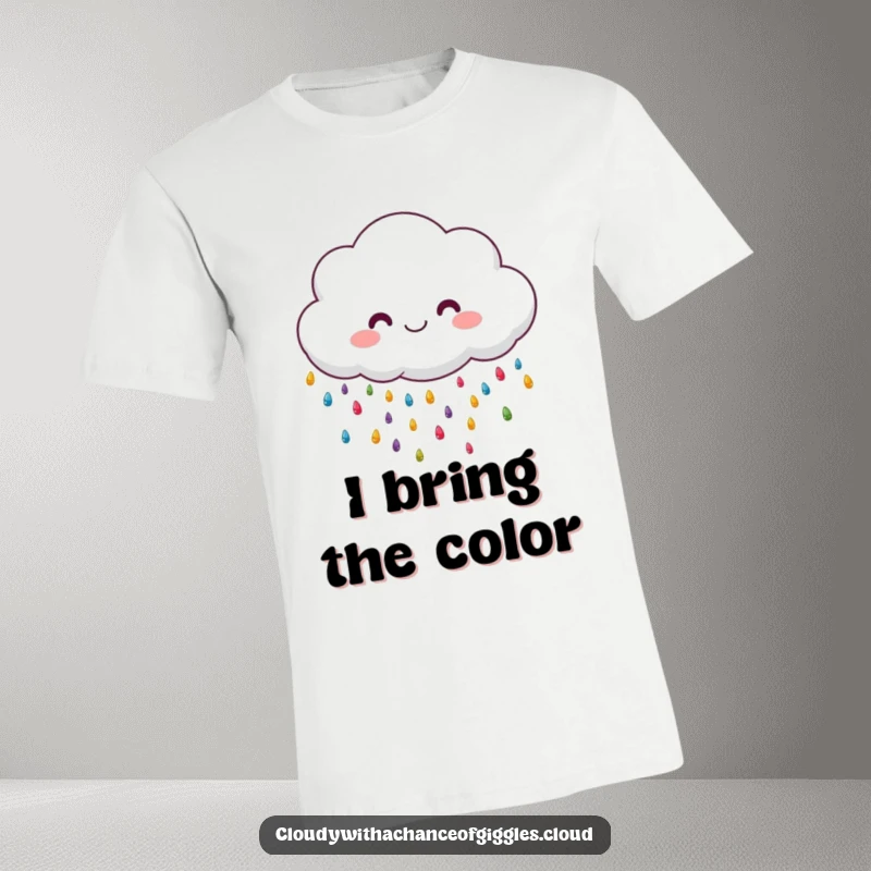 Funny fluffy cloud character raining colorful tiny drops, a cheerful and vibrant t-shirt.