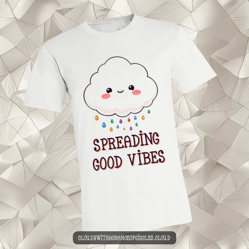 Funny t-shirt with a fluffy cloud character happily raining colorful, tiny raindrops, bringing a cheerful vibe.