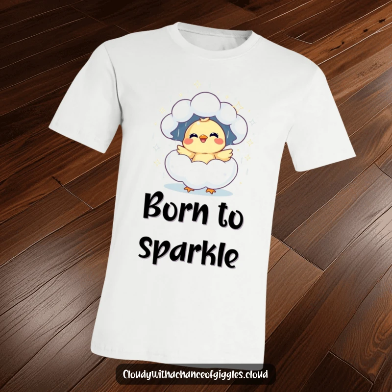 Funny giggling chick emerging from a sparkly rain cloud t-shirt, expressing pure delight and humor.