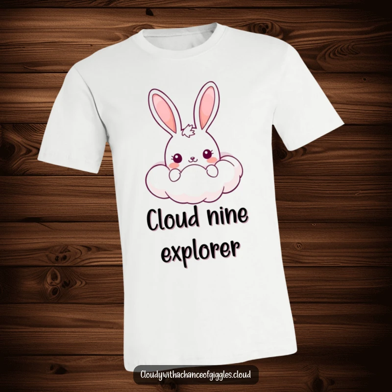 Funny Kawaii Bunny T-Shirt: A playful bunny peeking from a plump, smiling cloud, showcasing a lighthearted and adorable design.