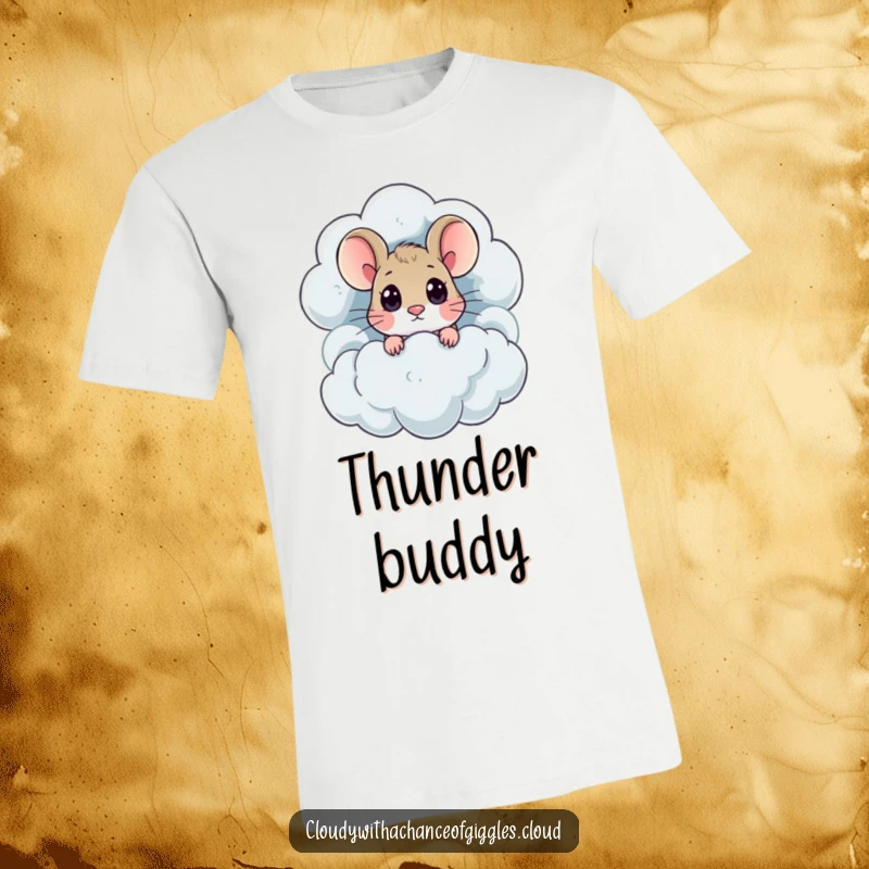A funny, wide-eyed mouse curiously peeks from a dramatic thundercloud, illustrated on this amusing t-shirt.