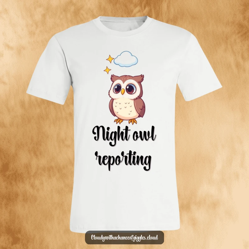 Funny t-shirt with a cute little owl having wide, curious eyes, looking up at a dreamy cloud filled with stars, sweet and funny.