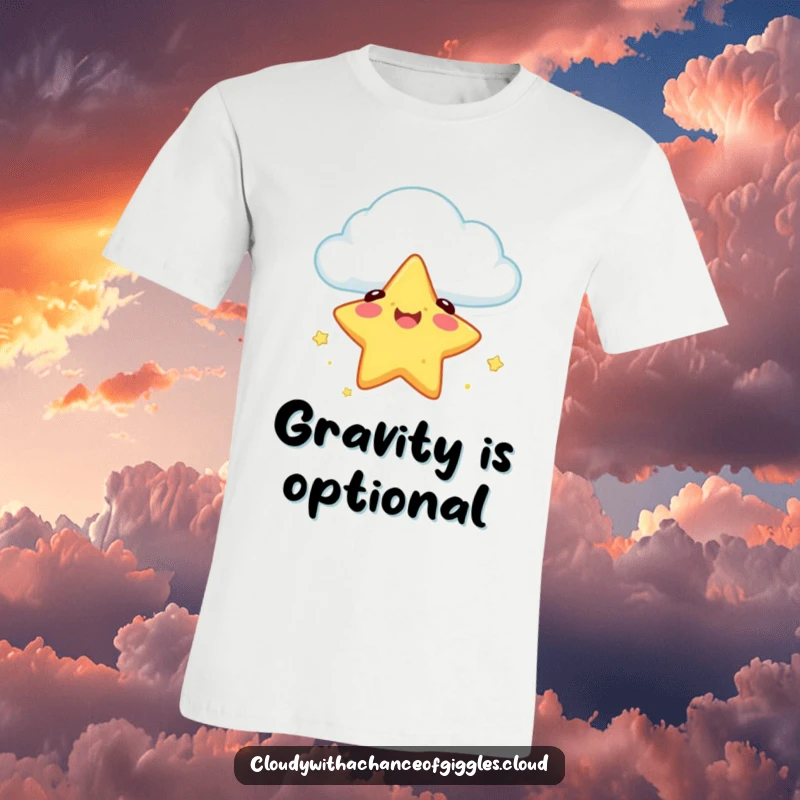 Funny t-shirt with a cheerful star character falling safely from a cloud, symbolizing a humorous and secure journey.