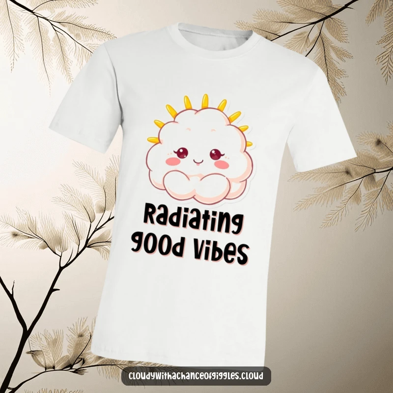 Funny t-shirt showcasing a fluffy cloud with a happy sunshine face radiating warmth and cheerfulness, perfect for sunny days.