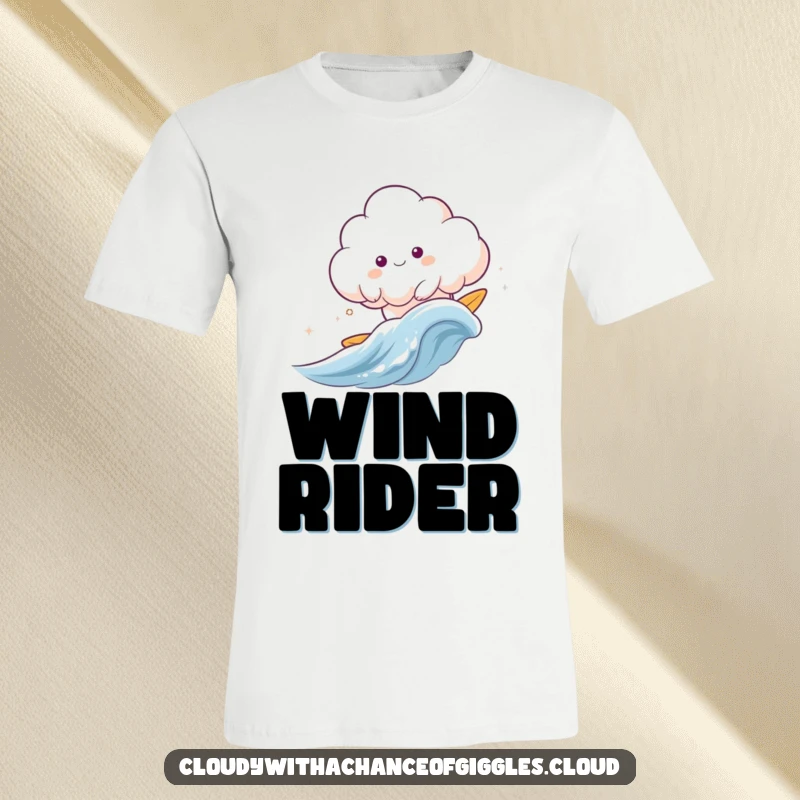 Funny cloud animal happily surfing a gentle wave of wind on a comfortable and funny t-shirt.