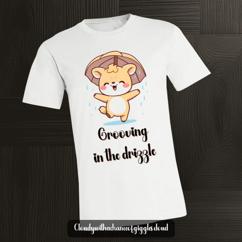 Funny T-Shirt with a happy animal character captured mid-dance, enjoying a gentle rain shower with pure bliss.