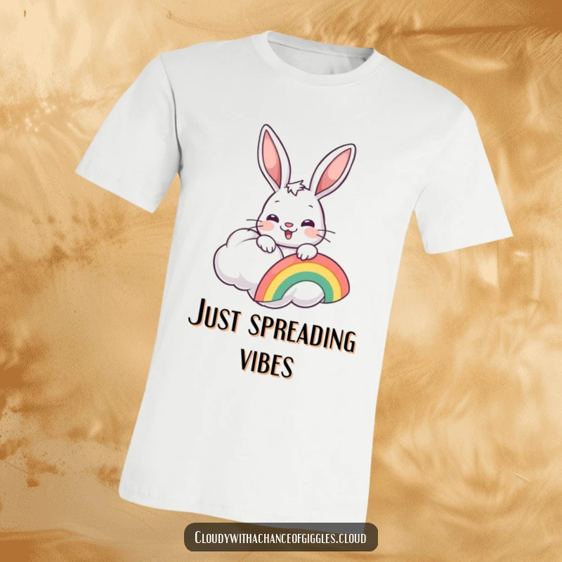 Funny cheerful bunny holding a rainbow, peeking from a cloud, on a soft t-shirt, a delightful gift.