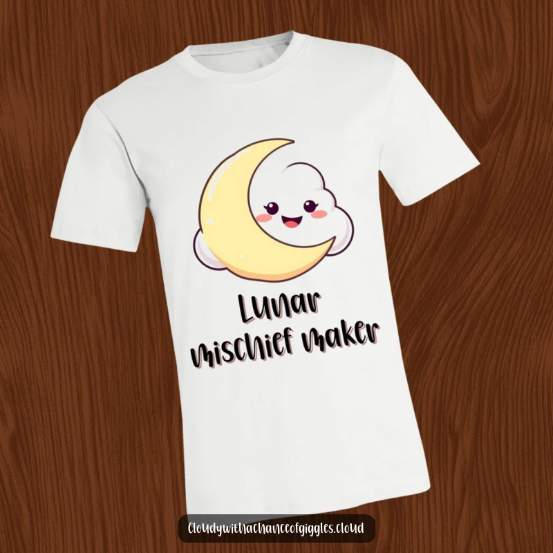 Funny t-shirt featuring a cloud with a cheeky, mischievous grin, peeking out from behind a bright crescent moon against a dark background.