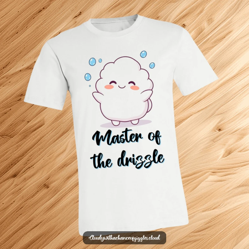 Funny T-Shirt of a plump cloud animal character grinning while happily juggling small raindrops, celebrating wet weather.