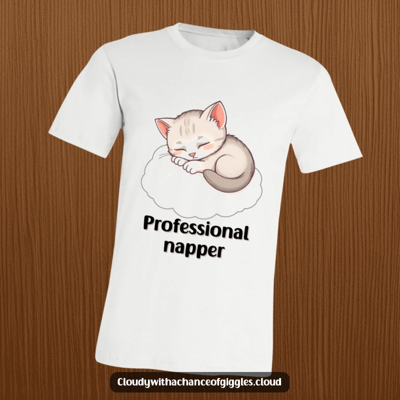 Funny Sleepy Kitten T-Shirt: A cute kitten peacefully napping, curled up on a fluffy cloud, radiating calm.