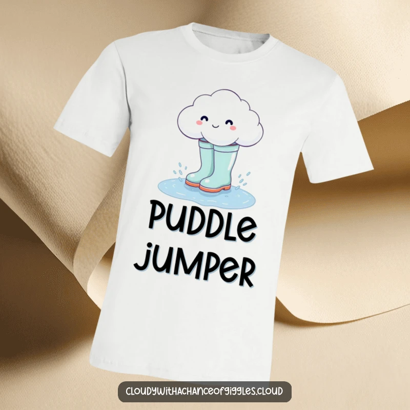 Funny cloud character in big rain boots, enthusiastically splashing in a puddle, a humorous t-shirt.