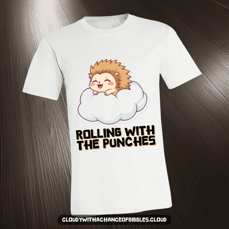 Funny hedgehog t-shirt showing a happy hedgehog rolling down a puffy cloud with eyes closed in delight, embodying pure carefree joy.