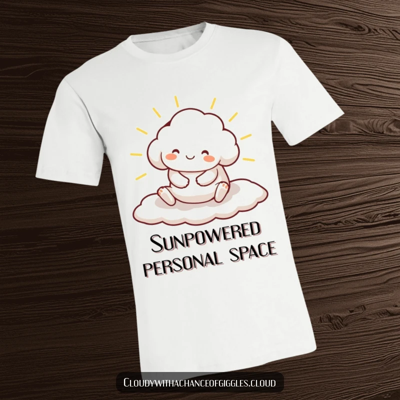 Funny T-Shirt showing a cheerful cloud animal character stretching blissfully on a patch of sunlight, looking utterly relaxed.
