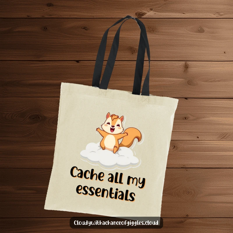 Funny squirrel tote bag depicting a silly squirrel leaping from a cloud, perfect for carrying items with a humorous touch.