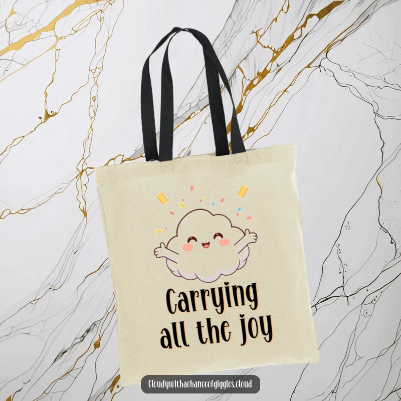 Funny tote bag illustrated with a joyful cloud character catching a shower of confetti, perfect for carrying essentials with humor.
