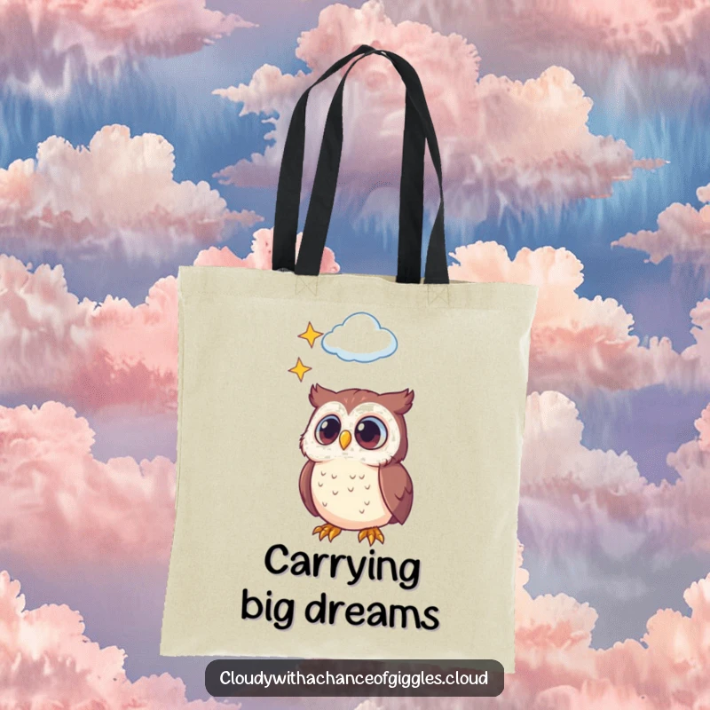 Funny tote bag with a wide-eyed owl gazing at a cloud filled with stars, perfect for carrying dreams and essentials, very cute.