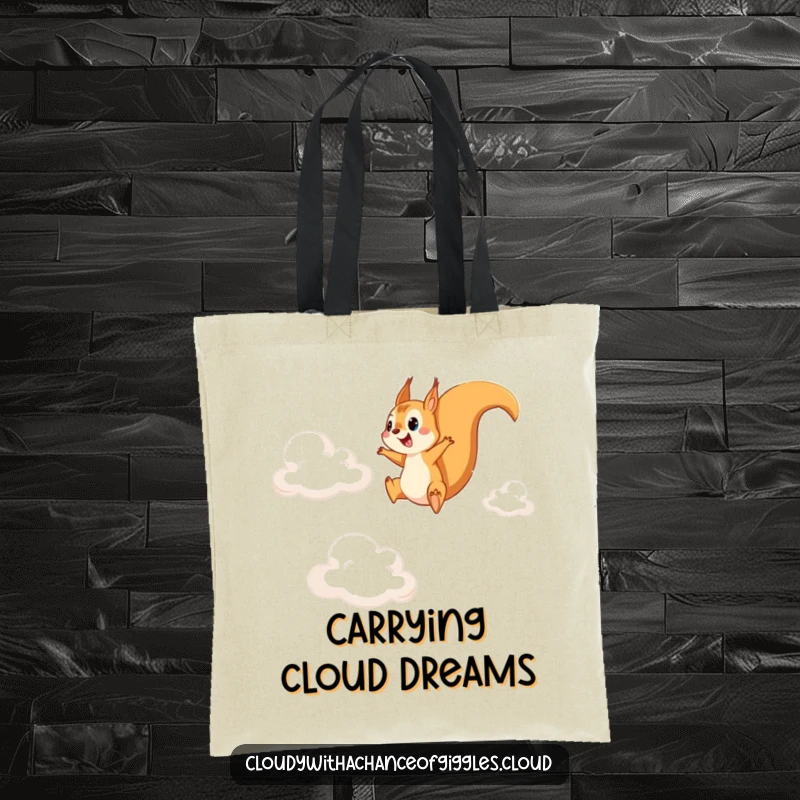 Funny tote bag with a joyful squirrel leaping between wispy cirrus clouds, perfect for carrying groceries with a smile.