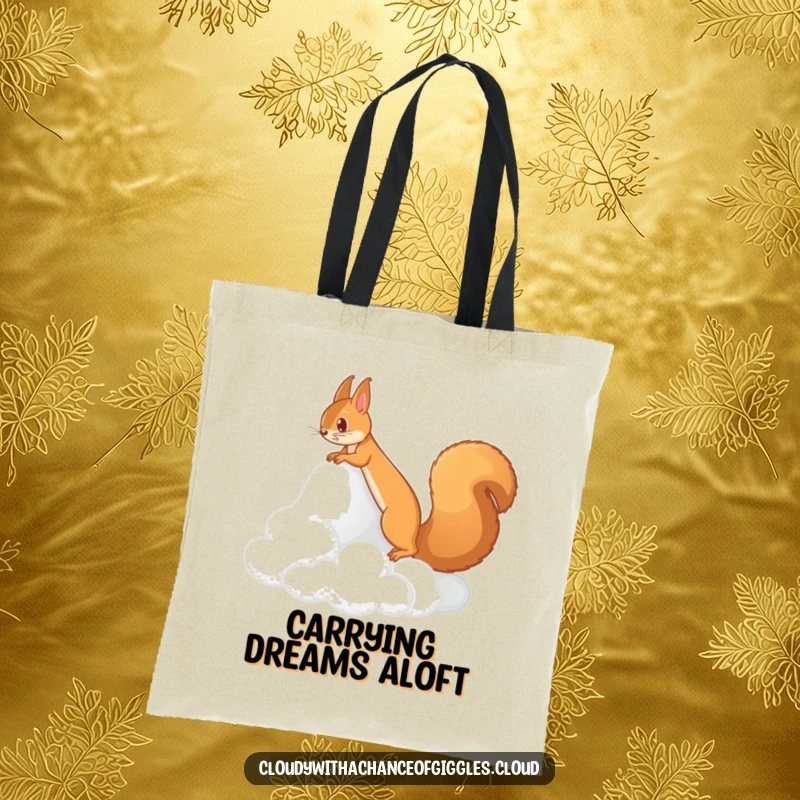 Funny tote bag with a squirrel climbing a cloud mountain, representing whimsical journeys. A perfect funny gift.