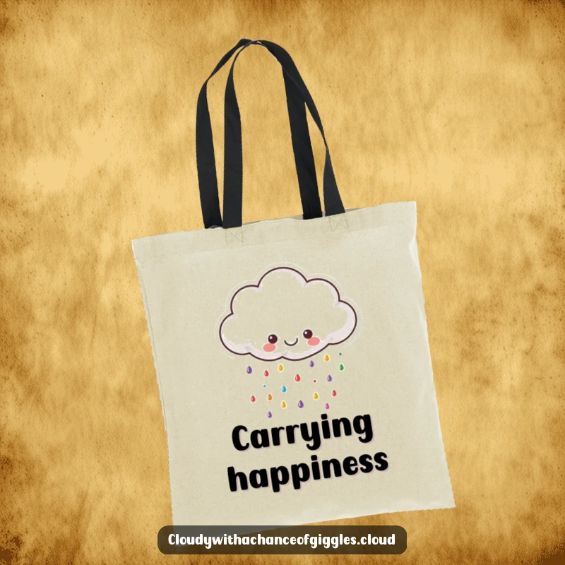 Funny cloud tote bag, a small cloud with a happy face, raining colorful raindrops, perfect for carrying daily items.