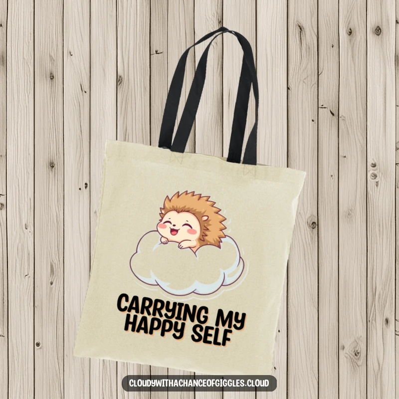 Funny hedgehog tote bag depicting a happy hedgehog rolling down a cloud, perfect for stylish and humorous carrying.