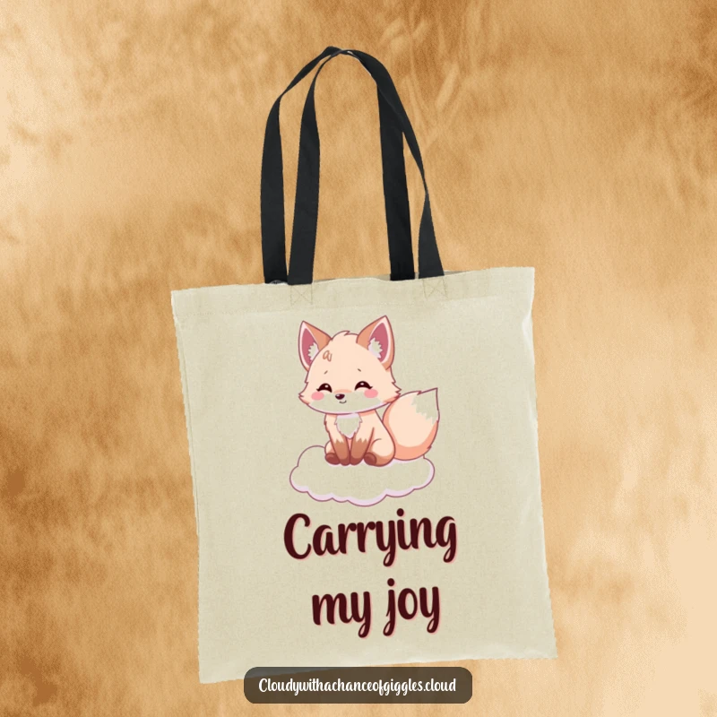Funny fox tote bag, featuring a fluffy fox on a cloud, tail wagging with delight, a humorous and practical accessory.