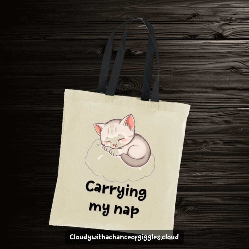 Funny Sleepy Kitten Tote Bag: A cute, napping kitten curled on a fluffy cloud, perfect for carrying your essentials.