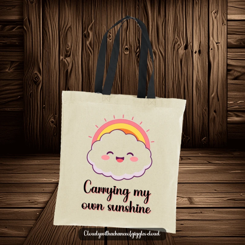 Funny tote bag depicting a smiling cloud with a vibrant rainbow bursting from its mouth, signifying cheerful and humorous carrying.