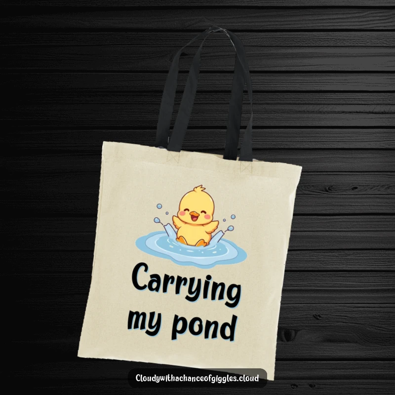 Funny duckling joyfully splashing in a surreal cloud puddle, illustrated on a tote bag, perfect for carrying essentials with a dose of humor.