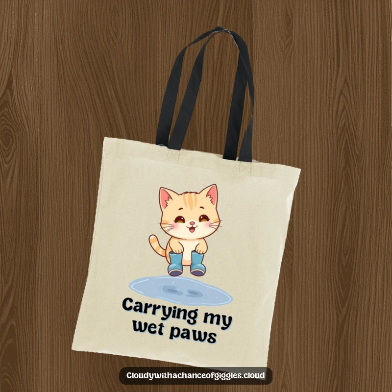 Funny cat wearing tiny rain boots, jumping over a puddle, a cute and humorous tote bag.