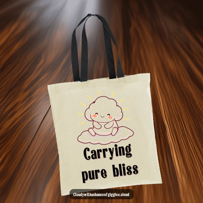 Funny tote bag with a smiling cloud animal character stretching happily on a sunbeam, ready to carry your day's treasures.