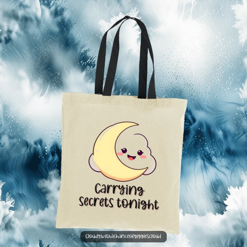Funny tote bag with a mischievous cloud character peeking with a grin from behind a glowing crescent moon in a dark sky.