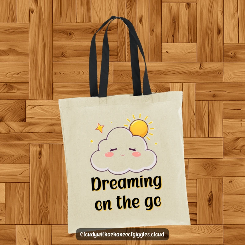 Funny sleepy white cloud with closed eyes, dreaming of sunshine with a happy sigh, on a tote bag, for carrying peaceful dreams.