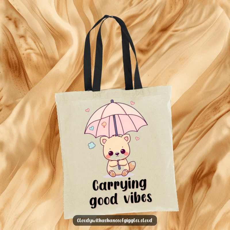 Funny tote bag with an animal holding an umbrella made of colorful happy thoughts, perfect for cheerfully carrying items.