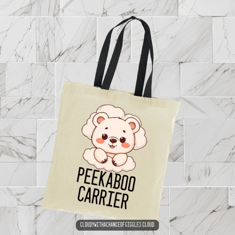 Funny tote bag with a smiling cartoon bear cub peeking from behind clouds, perfect for daily use, carrying a message of playful charm, a funny gift.
