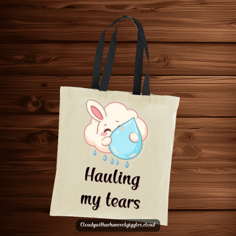 Funny tote bag showcasing a smiling bunny-shaped cloud floating lazily, holding a large raindrop, perfect for everyday use and spreading gentle cheer.