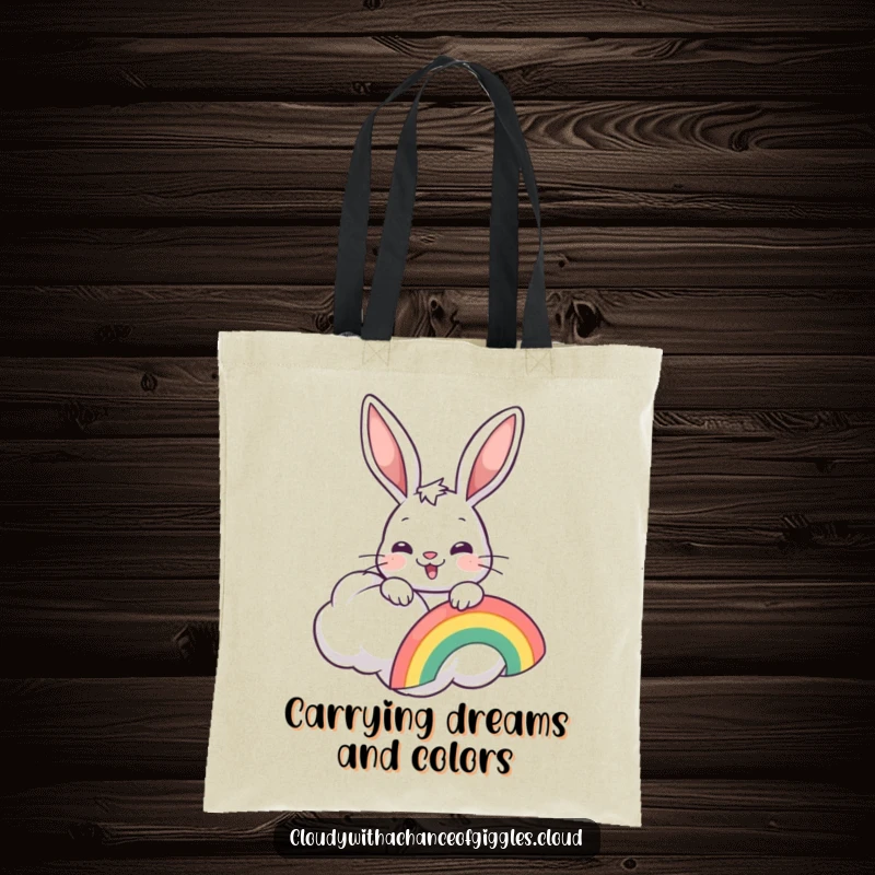 Funny cheerful bunny with a rainbow, peeking from a cloud, on a durable tote bag, great gift.
