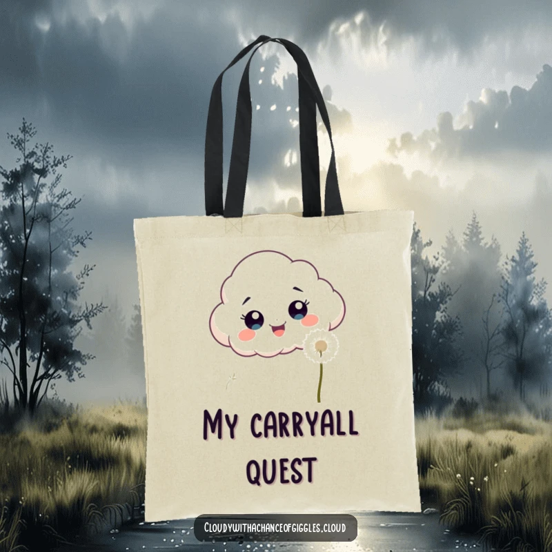 Funny, excited cloud with wide eyes chasing a fluffy white dandelion seed on a practical tote bag.